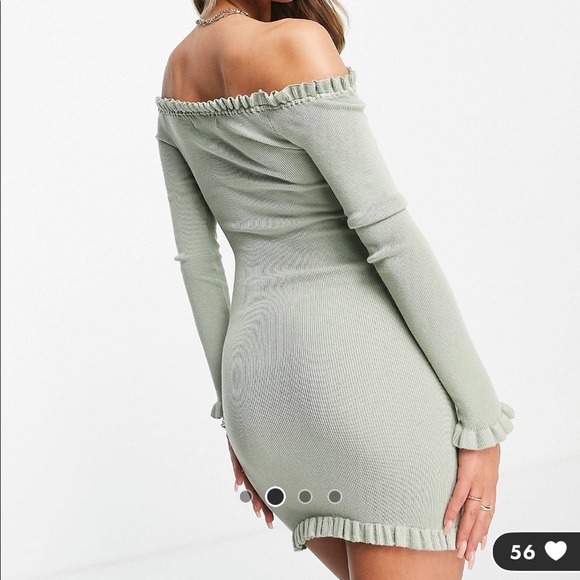 Threadbare Brooke Ribbed Off-the-Shoulder Fitted Dress w/ Frilled Edges in Sage - Picture 2 of 4